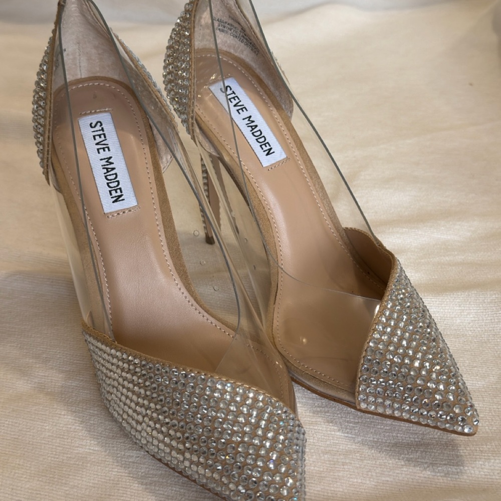 Steve Madden Nude and Clear Crystal Embellished Pointed Toe Pumps